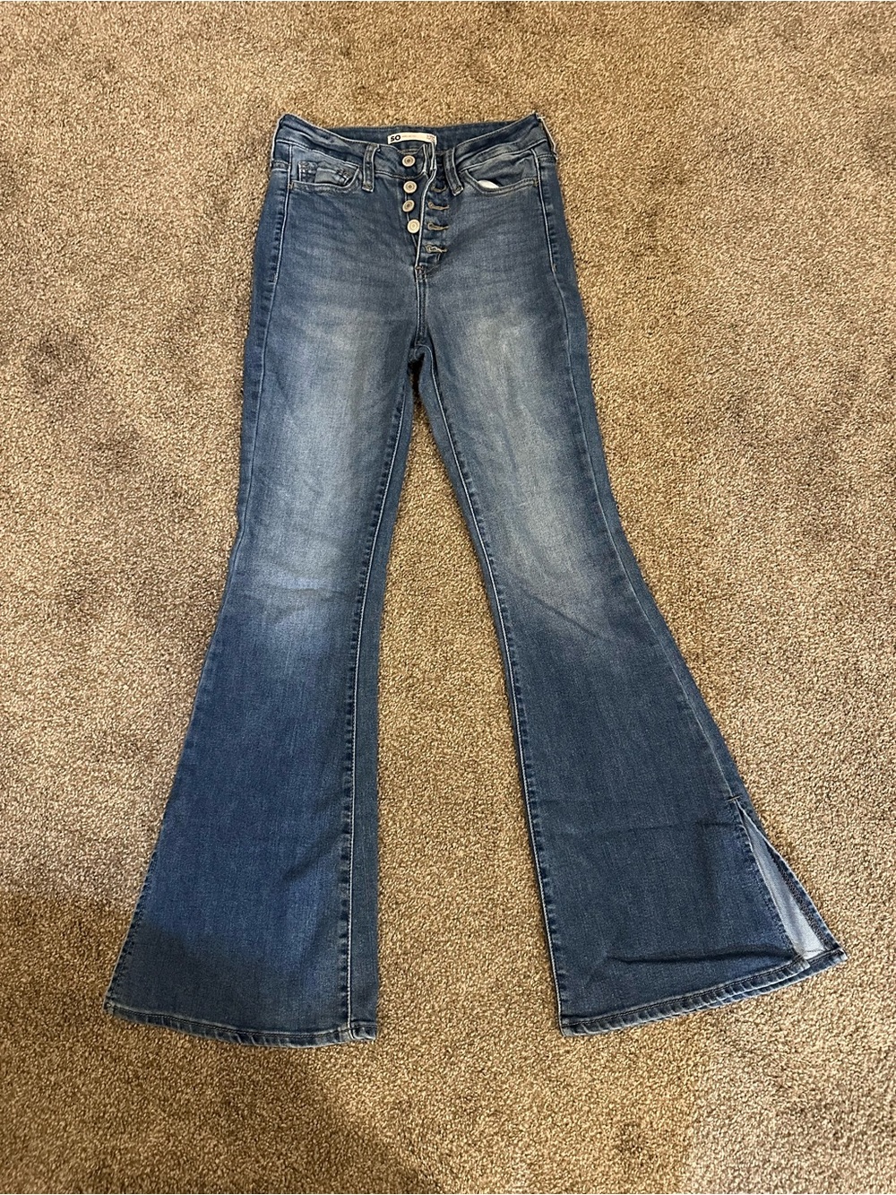 SO Dark Blue Button-Fly Flare Jeans with Side Slit